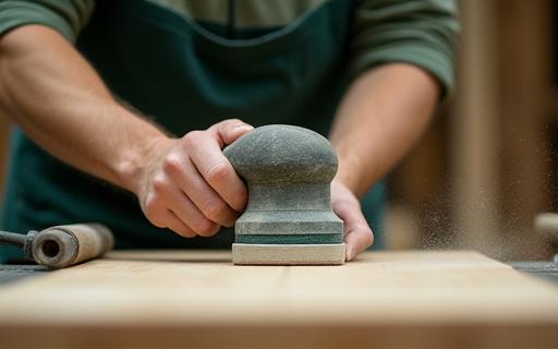 Proceso de lijado fino en taller, restaurador trabajando con madera